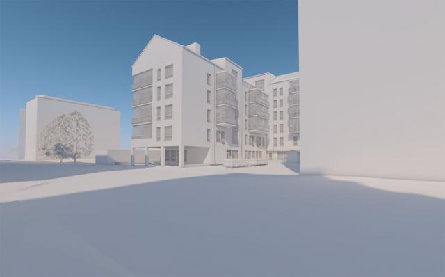 Bilden är arkitektbyrå Arcos illustration av Kaskias hyreshus.